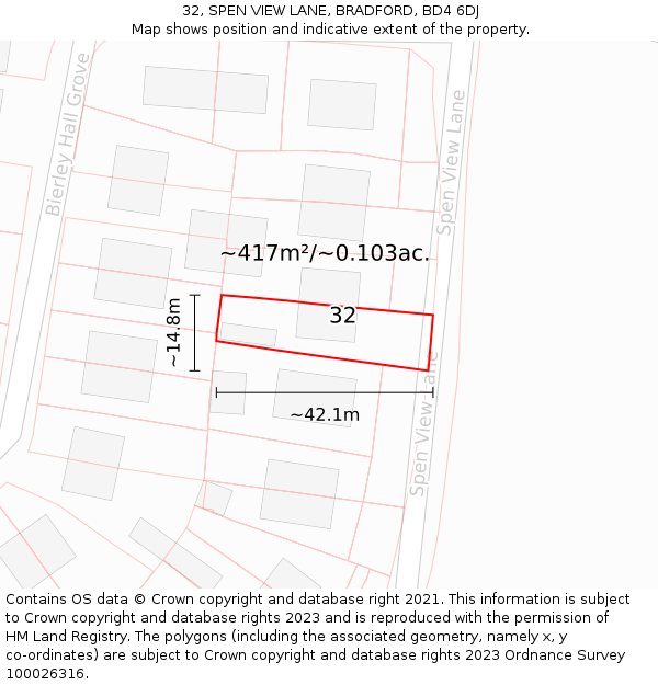 32, SPEN VIEW LANE, BRADFORD, BD4 6DJ: Plot and title map