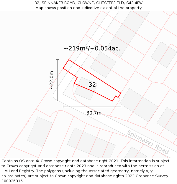 32, SPINNAKER ROAD, CLOWNE, CHESTERFIELD, S43 4FW: Plot and title map