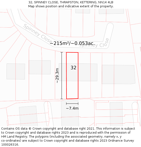 32, SPINNEY CLOSE, THRAPSTON, KETTERING, NN14 4LB: Plot and title map
