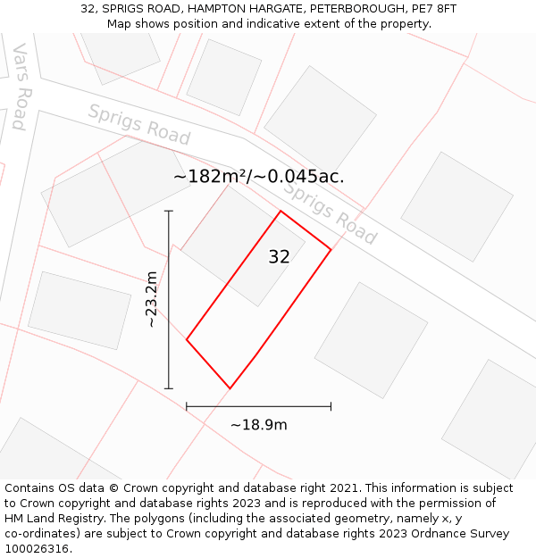 32, SPRIGS ROAD, HAMPTON HARGATE, PETERBOROUGH, PE7 8FT: Plot and title map
