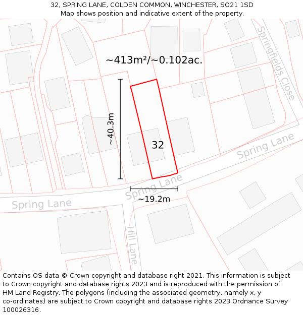 32, SPRING LANE, COLDEN COMMON, WINCHESTER, SO21 1SD: Plot and title map