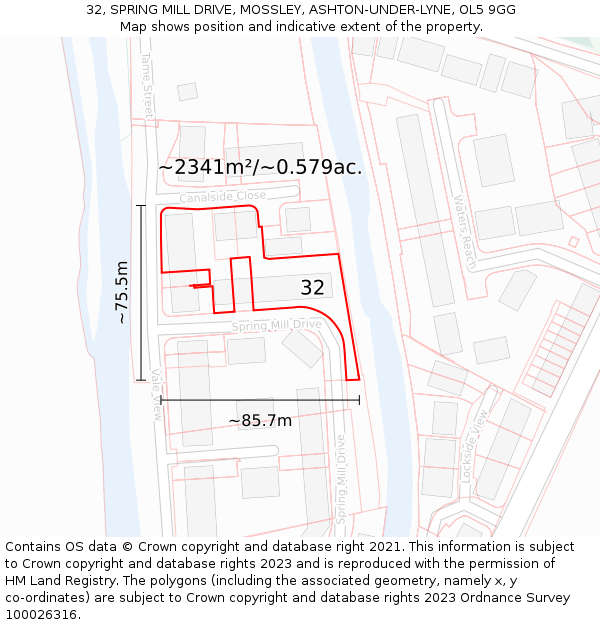 32, SPRING MILL DRIVE, MOSSLEY, ASHTON-UNDER-LYNE, OL5 9GG: Plot and title map