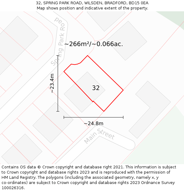 32, SPRING PARK ROAD, WILSDEN, BRADFORD, BD15 0EA: Plot and title map