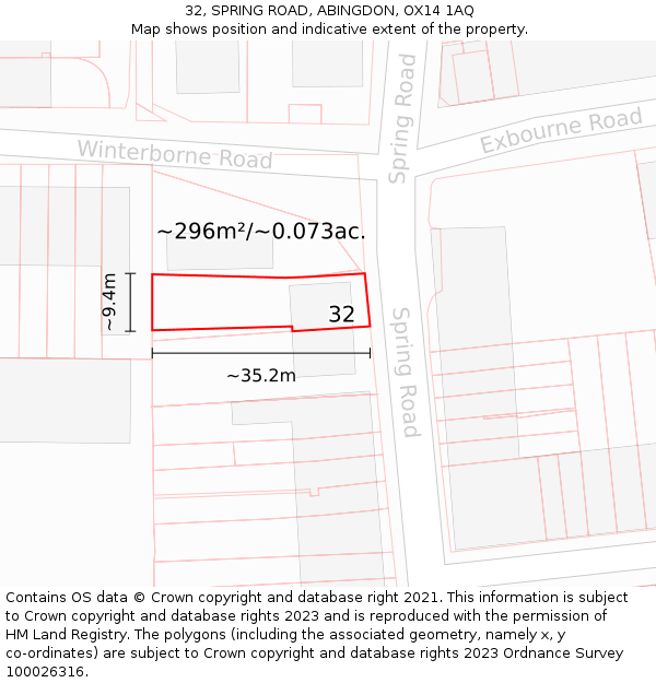32, SPRING ROAD, ABINGDON, OX14 1AQ: Plot and title map