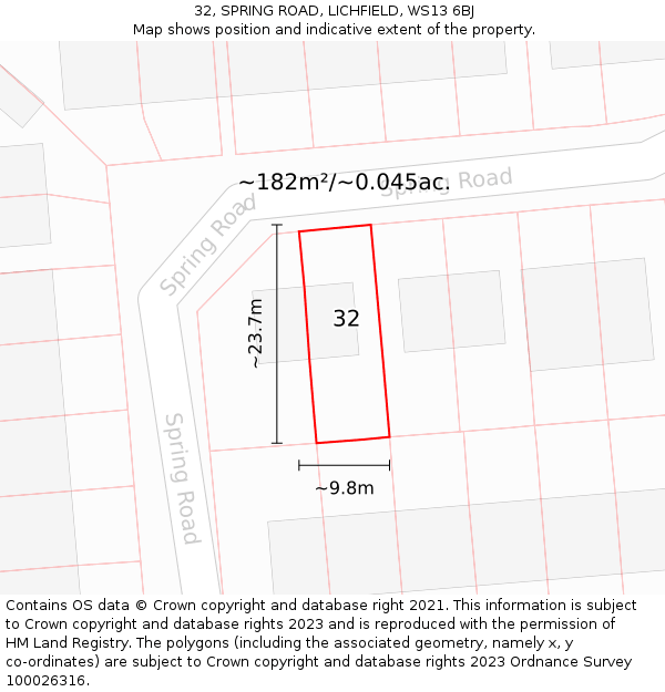 32, SPRING ROAD, LICHFIELD, WS13 6BJ: Plot and title map