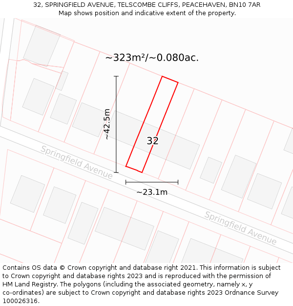 32, SPRINGFIELD AVENUE, TELSCOMBE CLIFFS, PEACEHAVEN, BN10 7AR: Plot and title map