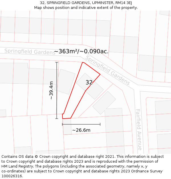 32, SPRINGFIELD GARDENS, UPMINSTER, RM14 3EJ: Plot and title map