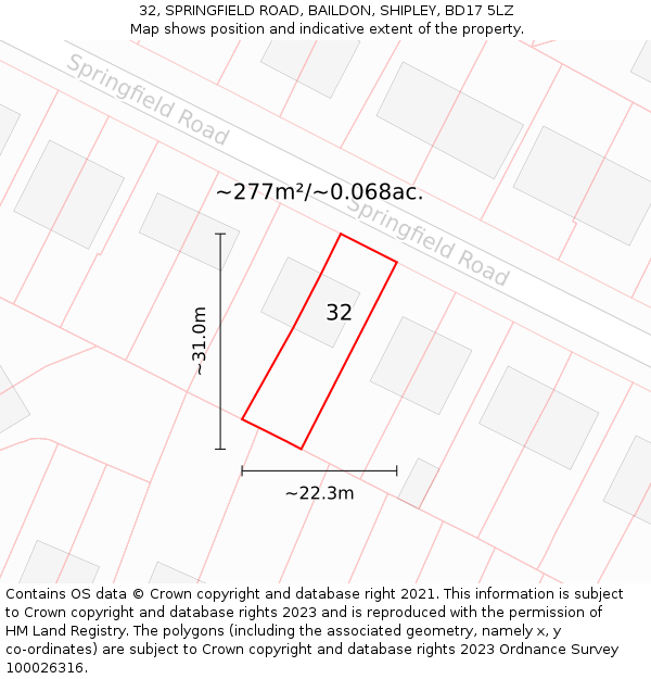32, SPRINGFIELD ROAD, BAILDON, SHIPLEY, BD17 5LZ: Plot and title map