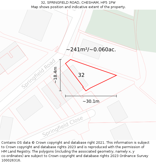 32, SPRINGFIELD ROAD, CHESHAM, HP5 1PW: Plot and title map