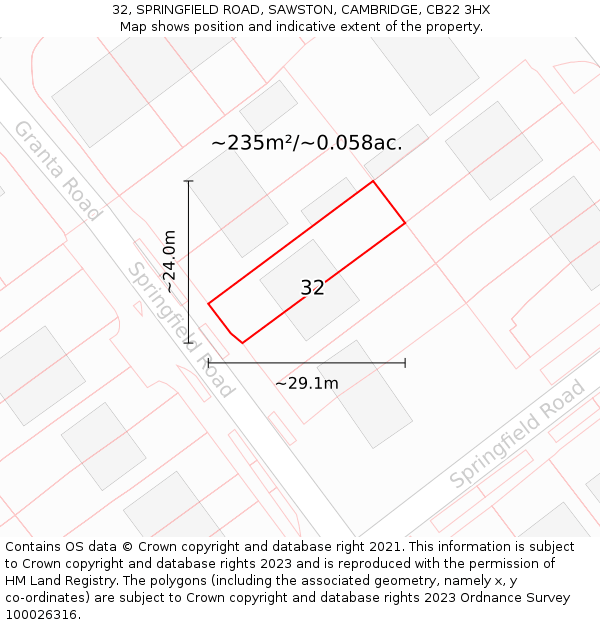 32, SPRINGFIELD ROAD, SAWSTON, CAMBRIDGE, CB22 3HX: Plot and title map