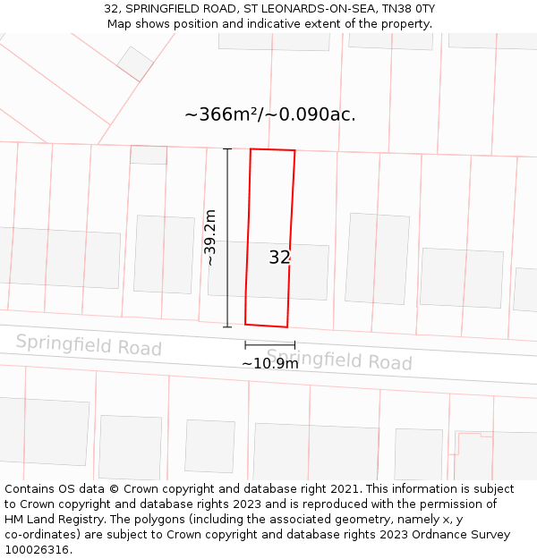 32, SPRINGFIELD ROAD, ST LEONARDS-ON-SEA, TN38 0TY: Plot and title map