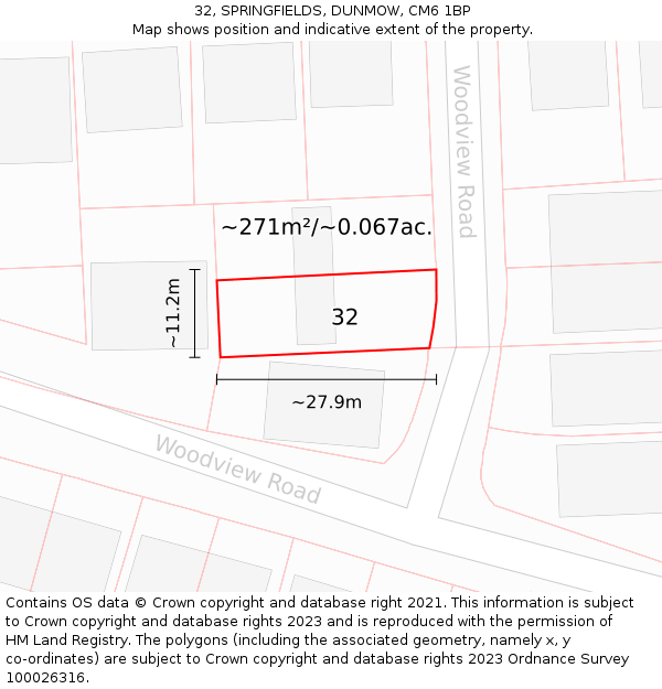32, SPRINGFIELDS, DUNMOW, CM6 1BP: Plot and title map