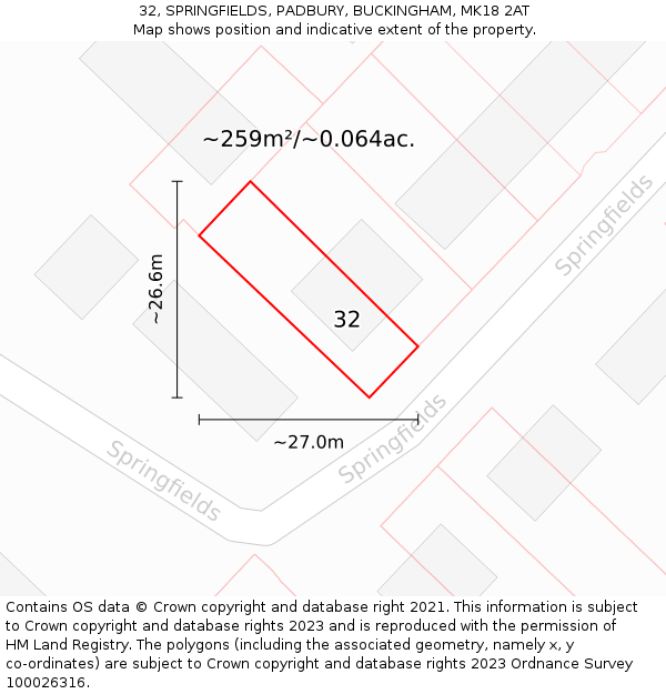 32, SPRINGFIELDS, PADBURY, BUCKINGHAM, MK18 2AT: Plot and title map