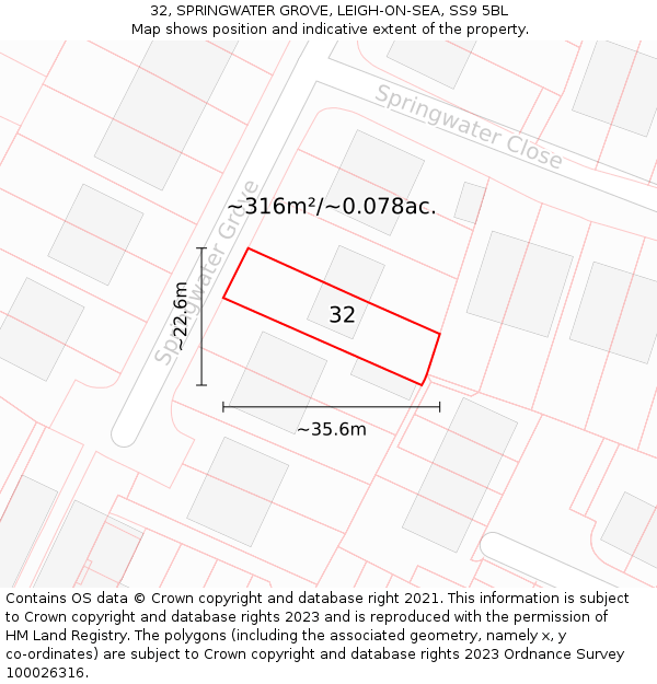 32, SPRINGWATER GROVE, LEIGH-ON-SEA, SS9 5BL: Plot and title map