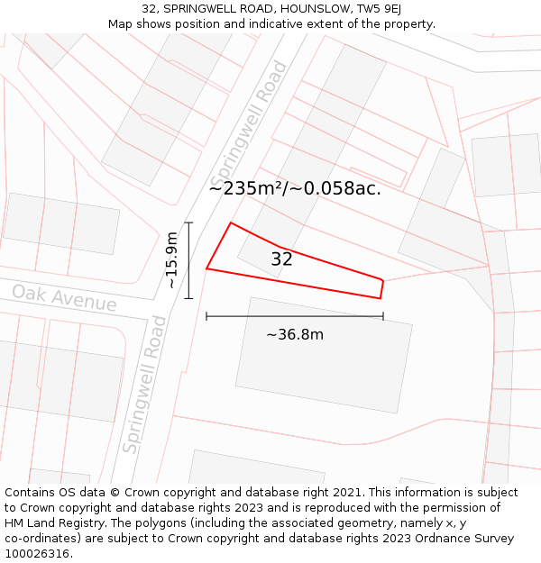32, SPRINGWELL ROAD, HOUNSLOW, TW5 9EJ: Plot and title map