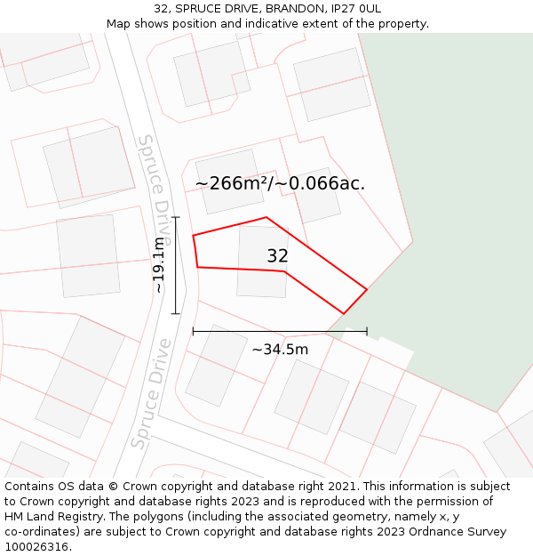 32, SPRUCE DRIVE, BRANDON, IP27 0UL: Plot and title map