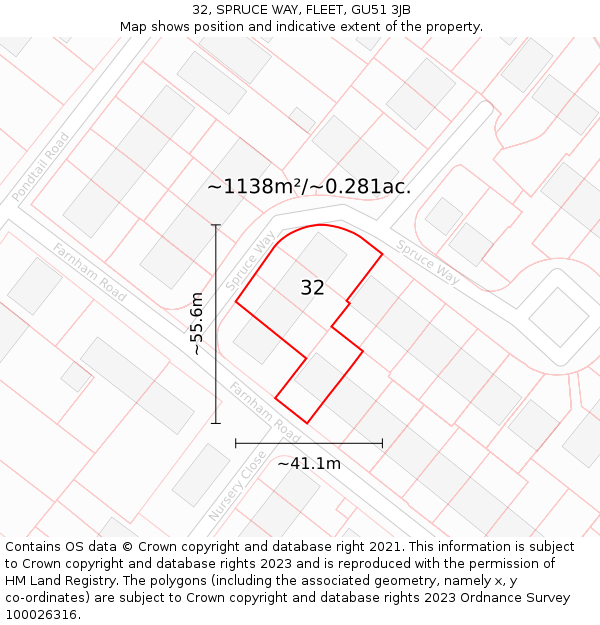 32, SPRUCE WAY, FLEET, GU51 3JB: Plot and title map