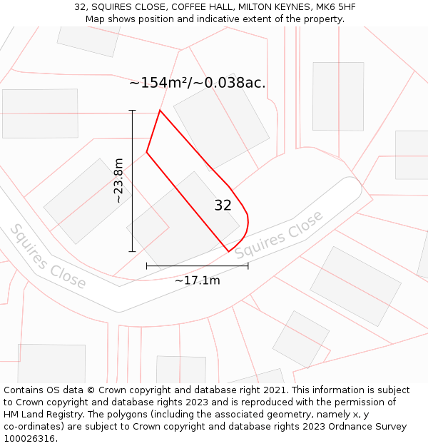 32, SQUIRES CLOSE, COFFEE HALL, MILTON KEYNES, MK6 5HF: Plot and title map