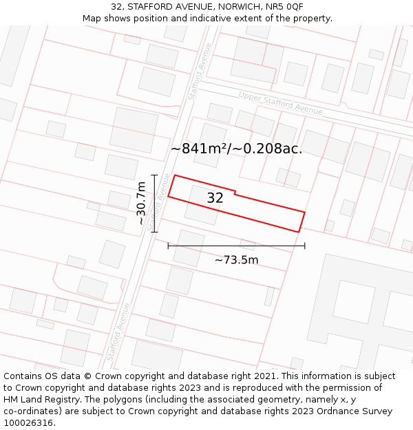 32, STAFFORD AVENUE, NORWICH, NR5 0QF: Plot and title map