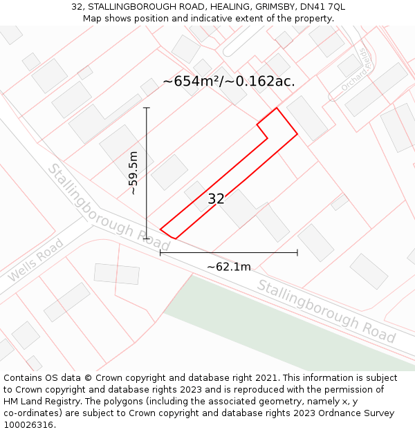 32, STALLINGBOROUGH ROAD, HEALING, GRIMSBY, DN41 7QL: Plot and title map