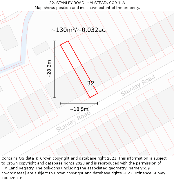 32, STANLEY ROAD, HALSTEAD, CO9 1LA: Plot and title map