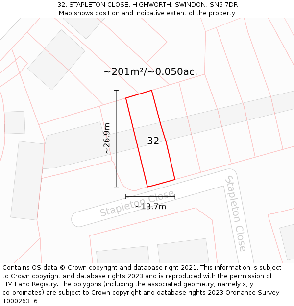 32, STAPLETON CLOSE, HIGHWORTH, SWINDON, SN6 7DR: Plot and title map