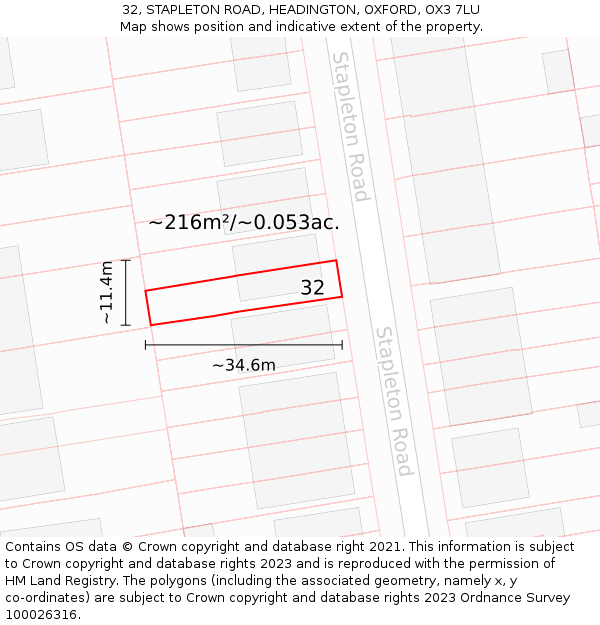 32, STAPLETON ROAD, HEADINGTON, OXFORD, OX3 7LU: Plot and title map
