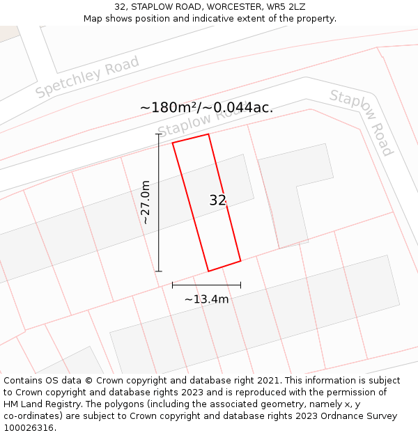 32, STAPLOW ROAD, WORCESTER, WR5 2LZ: Plot and title map