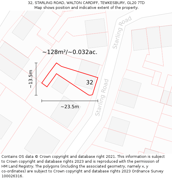 32, STARLING ROAD, WALTON CARDIFF, TEWKESBURY, GL20 7TD: Plot and title map