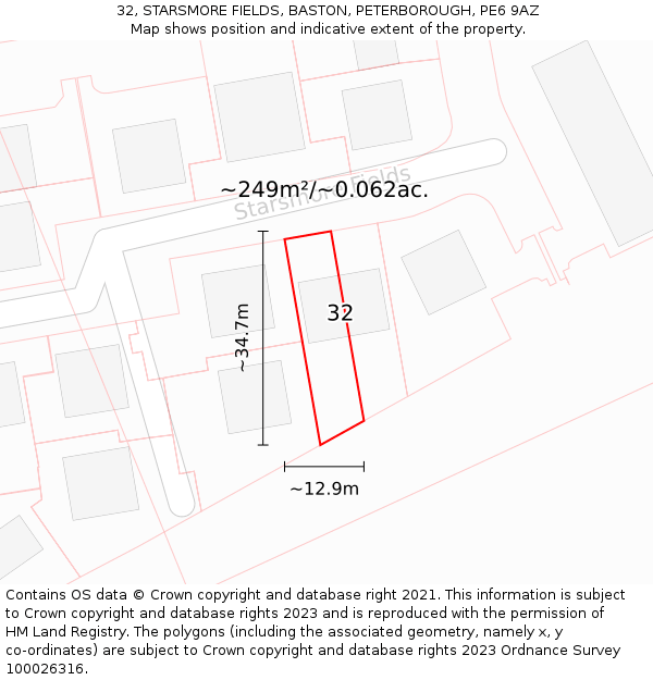 32, STARSMORE FIELDS, BASTON, PETERBOROUGH, PE6 9AZ: Plot and title map