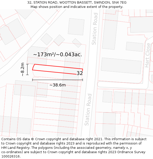 32, STATION ROAD, WOOTTON BASSETT, SWINDON, SN4 7EG: Plot and title map