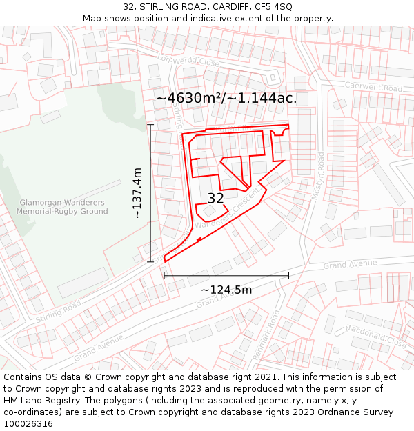 32, STIRLING ROAD, CARDIFF, CF5 4SQ: Plot and title map