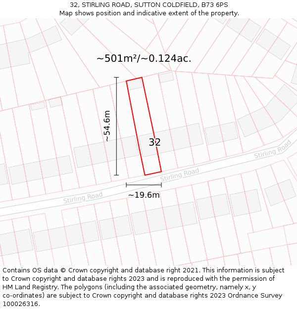 32, STIRLING ROAD, SUTTON COLDFIELD, B73 6PS: Plot and title map