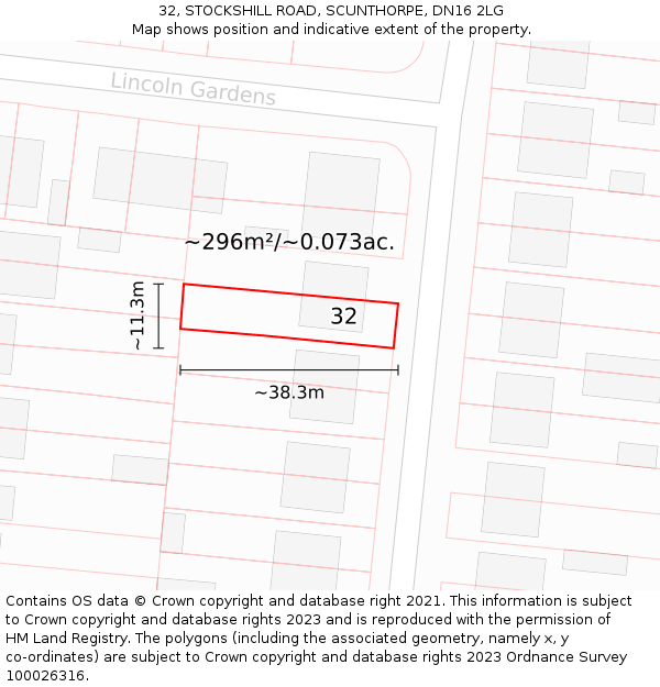 32, STOCKSHILL ROAD, SCUNTHORPE, DN16 2LG: Plot and title map