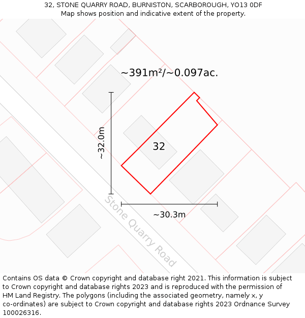 32, STONE QUARRY ROAD, BURNISTON, SCARBOROUGH, YO13 0DF: Plot and title map