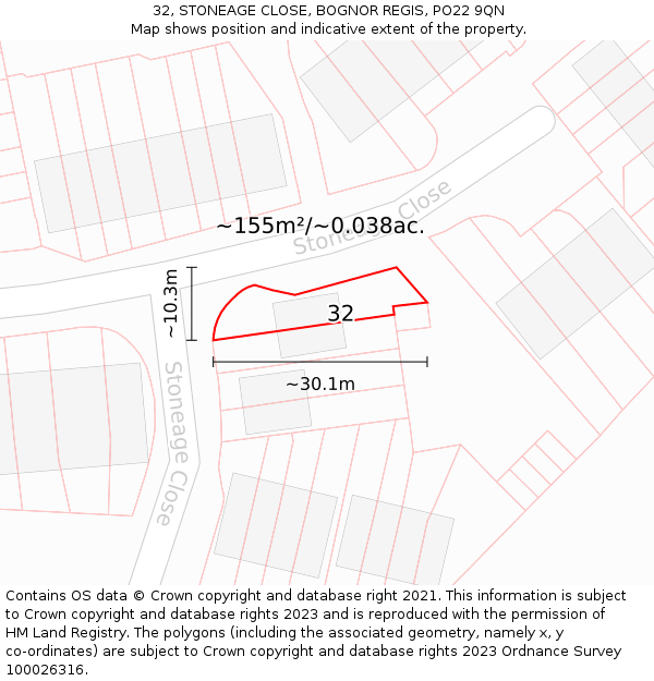 32, STONEAGE CLOSE, BOGNOR REGIS, PO22 9QN: Plot and title map