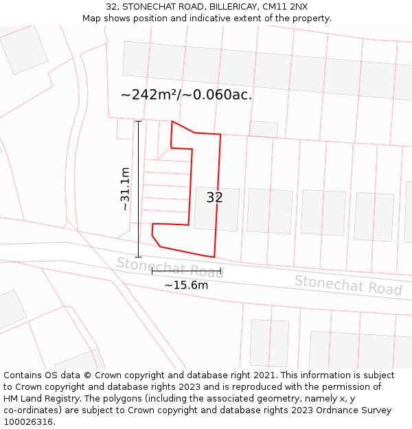 32, STONECHAT ROAD, BILLERICAY, CM11 2NX: Plot and title map