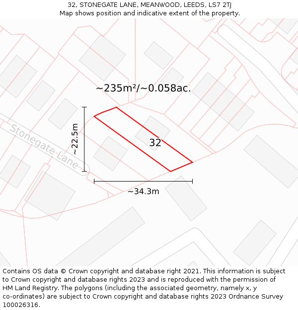 32, STONEGATE LANE, MEANWOOD, LEEDS, LS7 2TJ: Plot and title map