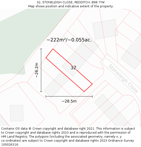 32, STONELEIGH CLOSE, REDDITCH, B98 7YW: Plot and title map
