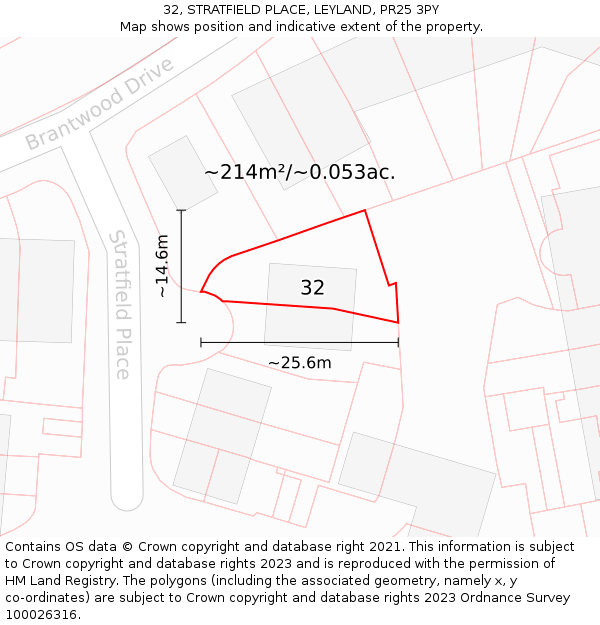 32, STRATFIELD PLACE, LEYLAND, PR25 3PY: Plot and title map