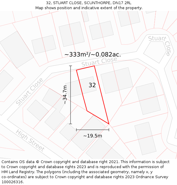 32, STUART CLOSE, SCUNTHORPE, DN17 2RL: Plot and title map