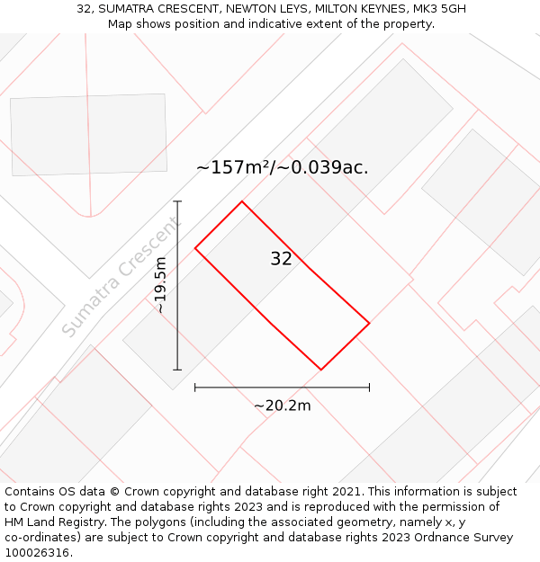 32, SUMATRA CRESCENT, NEWTON LEYS, MILTON KEYNES, MK3 5GH: Plot and title map