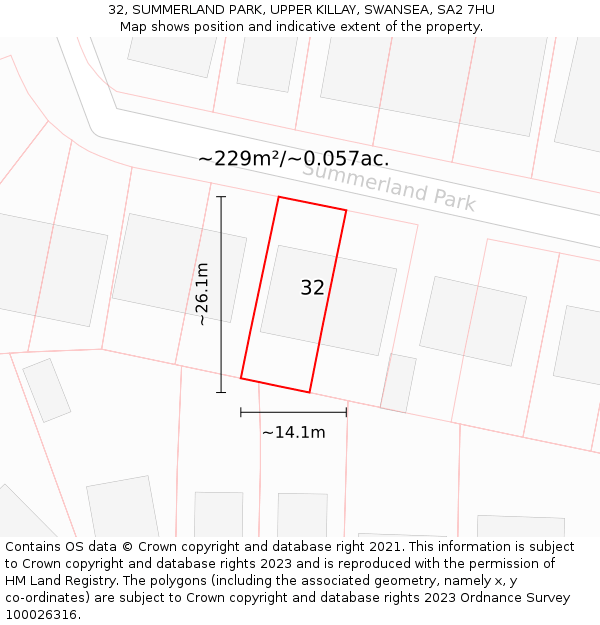 32, SUMMERLAND PARK, UPPER KILLAY, SWANSEA, SA2 7HU: Plot and title map