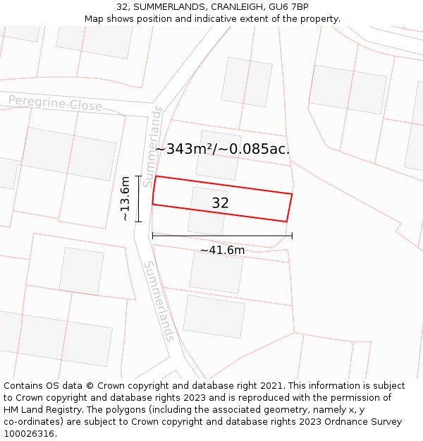 32, SUMMERLANDS, CRANLEIGH, GU6 7BP: Plot and title map