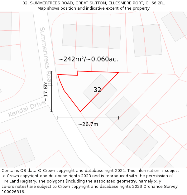 32, SUMMERTREES ROAD, GREAT SUTTON, ELLESMERE PORT, CH66 2RL: Plot and title map