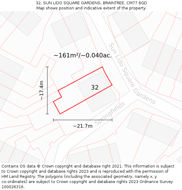 32, SUN LIDO SQUARE GARDENS, BRAINTREE, CM77 6GD: Plot and title map