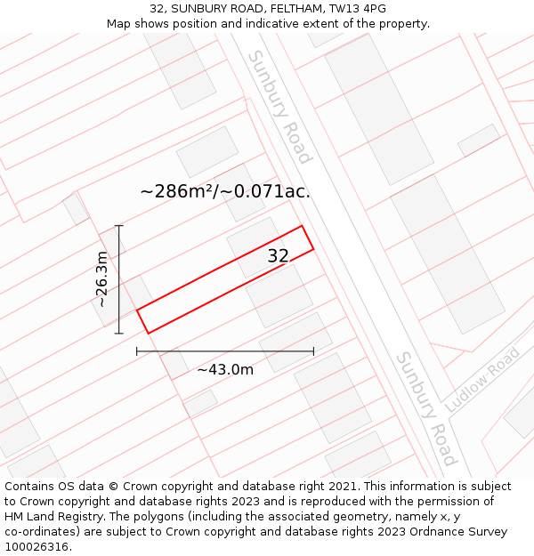 32, SUNBURY ROAD, FELTHAM, TW13 4PG: Plot and title map