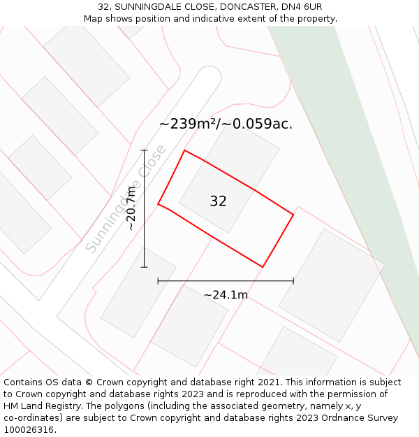 32, SUNNINGDALE CLOSE, DONCASTER, DN4 6UR: Plot and title map