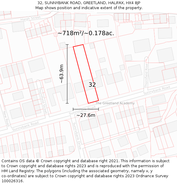 32, SUNNYBANK ROAD, GREETLAND, HALIFAX, HX4 8JP: Plot and title map