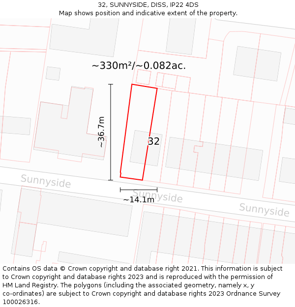 32, SUNNYSIDE, DISS, IP22 4DS: Plot and title map